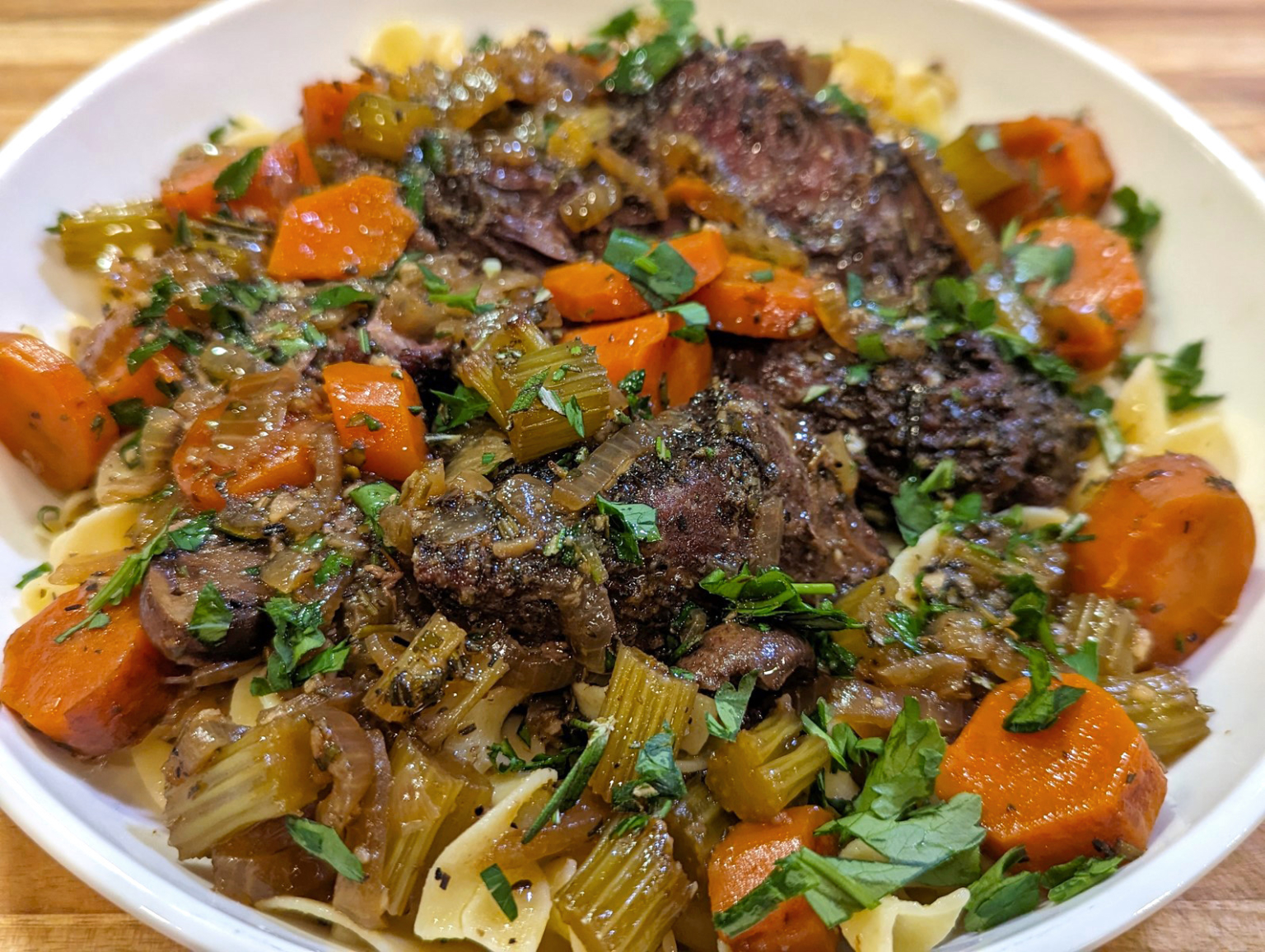 Herbed Chuck Roast with Vegetables and Buttered Noodles Cooking Chris