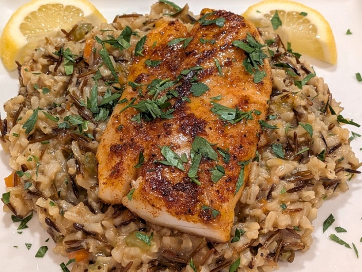 Pan-Seared Lemon-Butter Cod with Wild Rice Pilaf